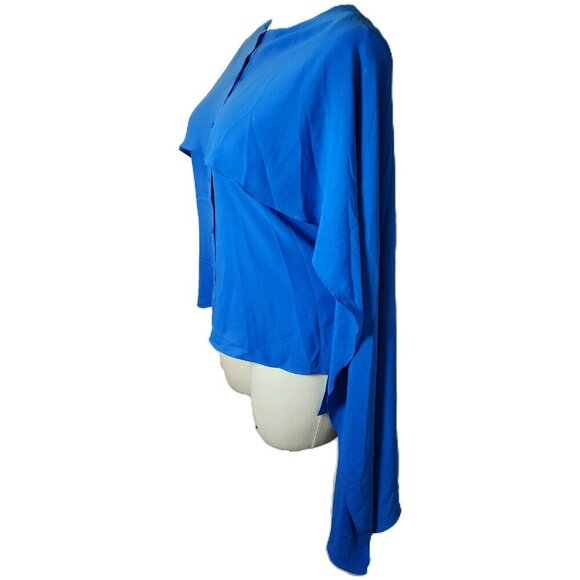 Prabal Gurung Blue Asymmetrical Button Down Blouse Size 8 Draped Sleeve Designer - Picture 4 of 15